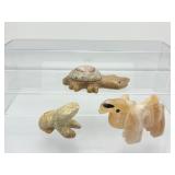 Stone Misfit Animals: frog 91gm/3.2oz., turtle 170gm/6.8oz., camel 176gm/6.2oz. Total Lot Weight 437gm/15.4oz.