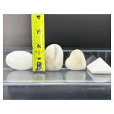 Scolesite 4-piece polished lot: 2 hearts, palmstone and pyramid Total Lot Weight: 216 gm/7.6 oz.