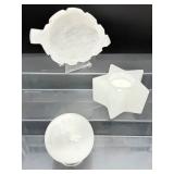 Selenite (Misc. Lot of 3) `Sphere 75mm 504 gm/1 lb.2 oz., Leaf Dish 448 gm./1 lb., Tealight Star Holder 378 gm./13.3 oz.