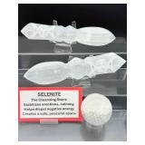 Selenite Lot of 3: Two healing daggers 373 gm./13.2 oz. and sphere 183 gm./6.4 oz. Total lot weight 560 gm./1 lb. 4 oz.