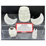 Selenite Misc. Lot of 5: large votive holder 733 gm./1 lb 10 oz., small castle 59 gm./2 oz., small sphere holder 121 gm./4.3 oz., 2 moon shaped bowls 335 gm./12 oz. Total Lot Weight: 1.2 kilo/2 lb. 12