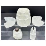 Selenite Misc. Lot of 5: large votive holder 733 gm./1 lb 10 oz., small castle 59 gm./2 oz., small sphere holder 121 gm./4.3 oz., 2 moon shaped bowls 335 gm./12 oz. Total Lot Weight: 1.2 kilo/2 lb. 12