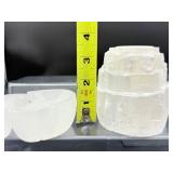 Selenite Misc. Lot of 5: large votive holder 733 gm./1 lb 10 oz., small castle 59 gm./2 oz., small sphere holder 121 gm./4.3 oz., 2 moon shaped bowls 335 gm./12 oz. Total Lot Weight: 1.2 kilo/2 lb. 12