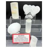Selenite misc. lot of 5: cylinder 284 gm./ 10 oz., XL gallot 294 gm./10.4 oz., double heart 192 gm./6.8 oz., massage wand 182 gm./6.4 ox. and votive holder? 389 gm./14 oz.