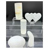 Selenite misc. lot of 5: cylinder 284 gm./ 10 oz., XL gallot 294 gm./10.4 oz., double heart 192 gm./6.8 oz., massage wand 182 gm./6.4 ox. and votive holder? 389 gm./14 oz.