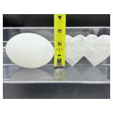 Selenite misc. lot of 5: cylinder 284 gm./ 10 oz., XL gallot 294 gm./10.4 oz., double heart 192 gm./6.8 oz., massage wand 182 gm./6.4 ox. and votive holder? 389 gm./14 oz.