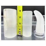 Selenite misc. lot of 5: cylinder 284 gm./ 10 oz., XL gallot 294 gm./10.4 oz., double heart 192 gm./6.8 oz., massage wand 182 gm./6.4 ox. and votive holder? 389 gm./14 oz.