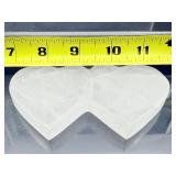 Selenite misc. lot of 5: cylinder 284 gm./ 10 oz., XL gallot 294 gm./10.4 oz., double heart 192 gm./6.8 oz., massage wand 182 gm./6.4 ox. and votive holder? 389 gm./14 oz.