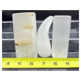 Selenite misc. lot of 5: cylinder 284 gm./ 10 oz., XL gallot 294 gm./10.4 oz., double heart 192 gm./6.8 oz., massage wand 182 gm./6.4 ox. and votive holder? 389 gm./14 oz.