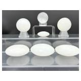 Selenite Polished Lot of 7: 2 spheres 222 gm./7.8 oz., 3 gallets 301 gm./10.6 oz., small palmstone 19 gm./.7 oz. Total Lot Weight: 542 gm./19.1 oz.