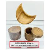 Wood moon bowl and two wood containers with lids