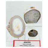 Agate lot of 3: large one side polished geode diffuser with Doterra peppermint and lavender samples 1.7 kilo/3 lb. 1 oz., Agate slice 165 gm/3.1 oz., small agate geode 90 gm/3.2 oz.