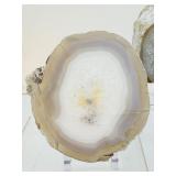 Agate lot of 3: large one side polished geode diffuser with Doterra peppermint and lavender samples 1.7 kilo/3 lb. 1 oz., Agate slice 165 gm/3.1 oz., small agate geode 90 gm/3.2 oz.