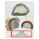 Agate Polished lot of 3: Agates Polished Lot of 3: large agate slice 683 gm/1 lb. 8.1 oz., two standing one polished side agates 573 gm./1 lb.4.2 oz. and 517 gm./ l.lb. 2.2 oz.