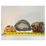 Agate Polished lot of 3: Agates Polished Lot of 3: large agate slice 683 gm/1 lb. 8.1 oz., two standing one polished side agates 573 gm./1 lb.4.2 oz. and 517 gm./ l.lb. 2.2 oz.