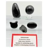 Black Obsidian Misc. Lot of 5: freeform 155 gm./5.5 oz., sphere 40mm 106 gm./ 3.7 oz., Hello Kitty, small palmstone & rough chunk 59 gm./ 2.1 oz. Lot total weight 320 gm./11.3 oz.