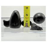 Black Obsidian Misc. Lot of 5: freeform 155 gm./5.5 oz., sphere 40mm 106 gm./ 3.7 oz., Hello Kitty, small palmstone & rough chunk 59 gm./ 2.1 oz. Lot total weight 320 gm./11.3 oz.
