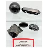 Black Obsidian Misc. Lot of 5: sphere 51mm 200 gm./7 oz., double terminated wand 69 gm./2.4 oz, 2 rough chunks & small palmstone 199 gm./7 oz.