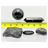 Black Obsidian Misc. Lot of 5: sphere 51mm 200 gm./7 oz., double terminated wand 69 gm./2.4 oz, 2 rough chunks & small palmstone 199 gm./7 oz.