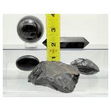 Black Obsidian Misc. Lot of 5: sphere 51mm 200 gm./7 oz., double terminated wand 69 gm./2.4 oz, 2 rough chunks & small palmstone 199 gm./7 oz.