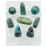 8 piece Lot of polished Chrysocolla: sphere 91 gm. /3.2 oz., sphere 138 gm./4.8 oz., gallot 133 gm./4.7 oz., 5 small freeform 323 gm./11.4 oz.