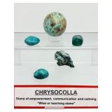 Chrysocolla Mixed Lot of 5: Sphere 51mm 174 gm./6.3 oz., rough chunk 18 gm./ .6 oz., 3 tumbles 53 gm./2 oz. Total Lot Weight: 245 gm./8.9 oz.