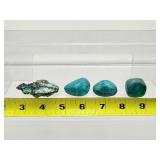 Chrysocolla Mixed Lot of 5: Sphere 51mm 174 gm./6.3 oz., rough chunk 18 gm./ .6 oz., 3 tumbles 53 gm./2 oz. Total Lot Weight: 245 gm./8.9 oz.