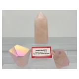 Rose Quartz Polished Lot of 3: Tower 232gm/8.2oz., two aura rose quartz chunks 179gm/6.3oz.  Total Lot Weight: 410gm/14.5oz.