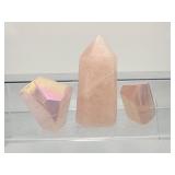 Rose Quartz Polished Lot of 3: Tower 232gm/8.2oz., two aura rose quartz chunks 179gm/6.3oz.  Total Lot Weight: 410gm/14.5oz.