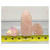 Rose Quartz Polished Lot of 3: Tower 232gm/8.2oz., two aura rose quartz chunks 179gm/6.3oz.  Total Lot Weight: 410gm/14.5oz.