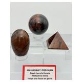Mahogany Obsidian Polished Lot of 3: Sphere 60mm 3311gm/11oz., Palmstone 169gm/6oz., Pyramid 81gm/2.9oz.  Total Lot Weight 560gm/1 lb.3.8oz