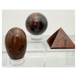 Mahogany Obsidian Polished Lot of 3: Sphere 60mm 3311gm/11oz., Palmstone 169gm/6oz., Pyramid 81gm/2.9oz.  Total Lot Weight 560gm/1 lb.3.8oz