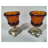 Amber Glass Beaded Rim Candle Holders Amber Glass Beaded Rim Candle Holders