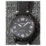 NEW - Fossil Men's Quartz Watch- Black Dial- ATM- S/S  .  Black Leather Strap. #JR1448.  Retail Value 115.00