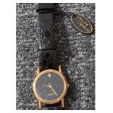 NEW-Genuine Diamond Quartz Watch.  Japan movement. Stainless Steel. Black Leather Strap.