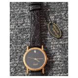 NEW-Genuine Diamond Quartz Watch.  Japan movement. Stainless Steel. Black Leather Strap.