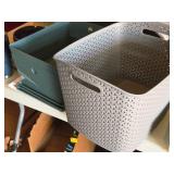 (2) Storage Bins with Lids, and (1) Tote Basket (2) Storage Bins with Lids, and (1) Tote Basket