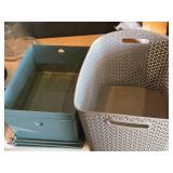 (2) Storage Bins with Lids, and (1) Tote Basket (2) Storage Bins with Lids, and (1) Tote Basket