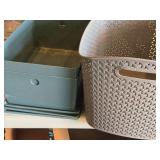 (2) Storage Bins with Lids, and (1) Tote Basket (2) Storage Bins with Lids, and (1) Tote Basket