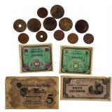 Old copper coins and currency from around the world, dating back to the early 1900s.