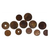Old copper coins and currency from around the world, dating back to the early 1900s.