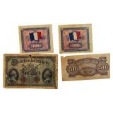 Old copper coins and currency from around the world, dating back to the early 1900s.