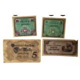Old copper coins and currency from around the world, dating back to the early 1900s.