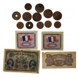 Old copper coins and currency from around the world, dating back to the early 1900s.