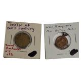 Mixed lot of tokens, including a hard-to-find "mini" Victory Medal from World War I from  Pennsylvania & ect.