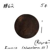 1862 Five-Cent Coin, France (Napoleon III) (Rare)