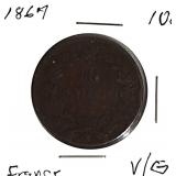 1869 French 10-Cent Coin, Very Good Condition, Rare.