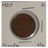 1920 1-Cent Canadian Coin, V/G.
