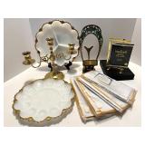 Vintage Brass Decor Collection with Candle Holder, Picture Frame, Dishes, and Napkins Vintage Brass Decor Collection with Candle Holder, Picture Frame, Dishes, and Napkins