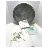 Vintage Hand Wrought Aluminum Tray, Etched Glass Server, and Embroidered Linens Set Vintage Hand Wrought Aluminum Tray, Etched Glass Server, and Embroidered Linens Set